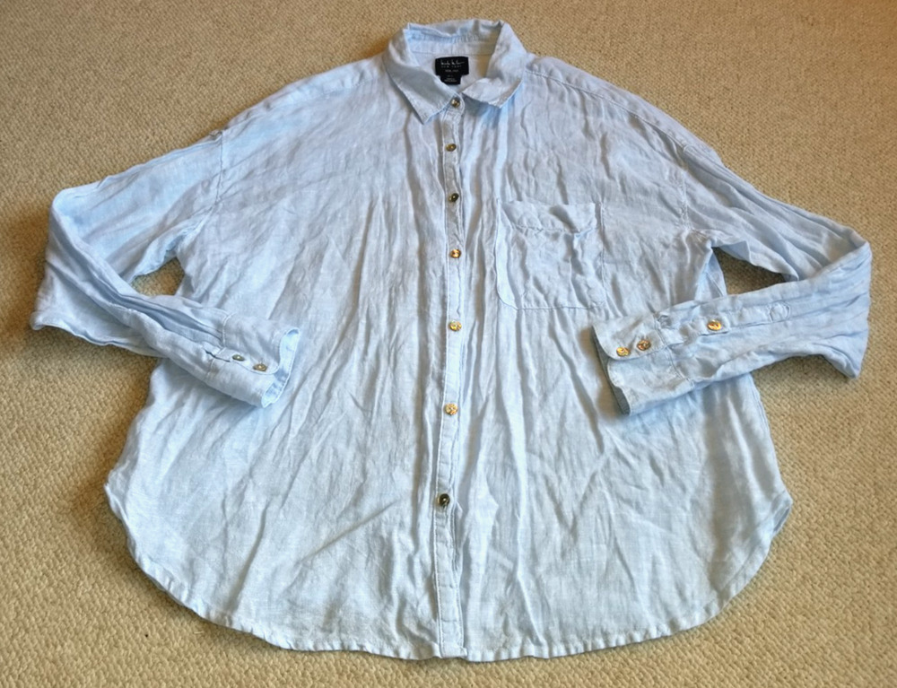 Womens Top-NICOLE MILLER-lt blue 100% linen button-up oversized Beach Coastal-L